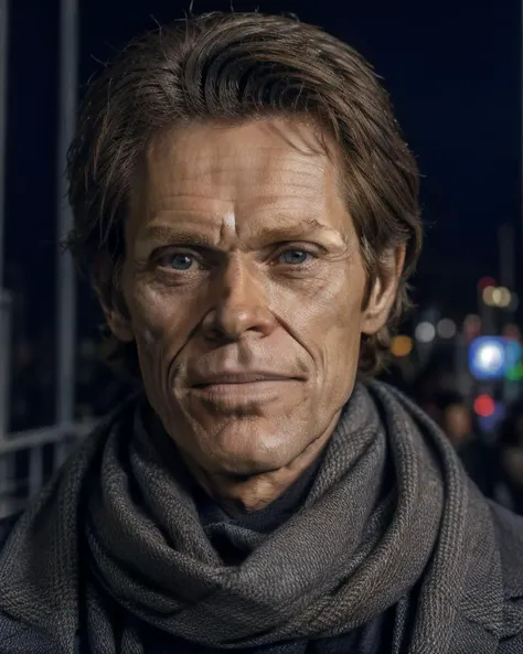 <lora:Willem_Dafoev1:0.6>, Willem Dafoe, solo, looking at viewer, closed mouth, close up shot, face detailed, scarf, suit, grey background, simple background, dark background,  kkw-ph1, <lora:more_details:0.5>, <lora:LowRA:1>