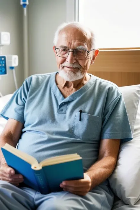a cute old man in hospital bed reading a book, realistic, ultrasharp, Nikon D3500, potrait shot, realism