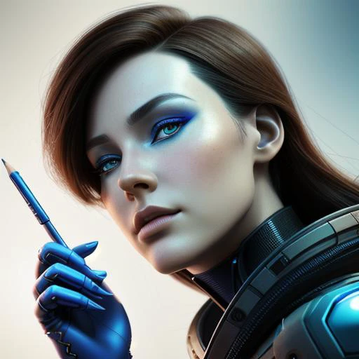 a woman's face with a futuristic design on it and a pencil in her hand, with a futuristic background, Android Jones, highly detailed digital painting, cyberpunk art, analytical art disney pixar 3d animation character of a man, looking at viewer, blue background, brown hair, simple background, closed mouth,