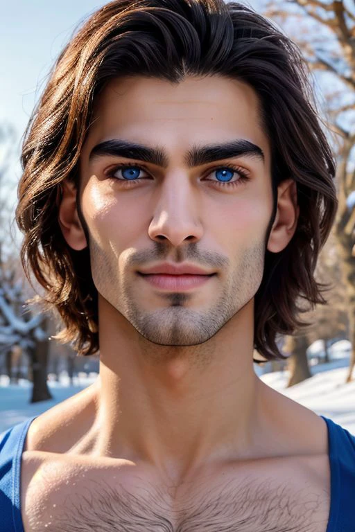 Ultra Realistic cinematic Photo, dynamic posture posing in snowy park, a athletic 24yo Iranian male model, hairy body, from below, from side, running, fitness champion, handsome Mr. World smiling, perfectly shaped, symmetrical muscled body with abs, pecs, biceps, thin waste, V-shaped back, symmetrical face, perfect jawline, modern haircut, dark blue eyes, high detailed white skin, high detailed face, realistic pupils, realistic eyes, high detailed eyes, realistic iris, 8k UHD, soft lighting, high quality, film grain,