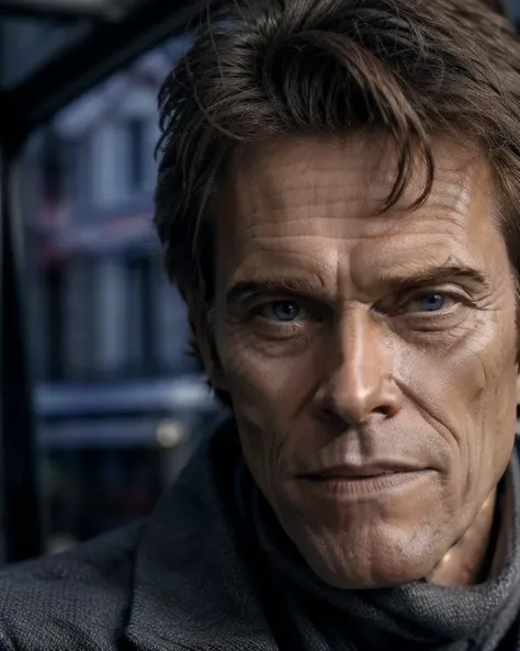 <lora:Willem_Dafoev1:0.6>, Willem Dafoe, solo, looking at viewer, closed mouth, close up shot, face detailed, scarf, suit, grey background, simple background, dark background,  kkw-ph1, <lora:more_details:0.5>, <lora:LowRA:1>