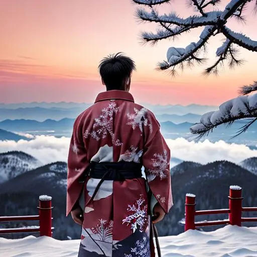 Samurai, red kimono, snow-covered landscape, mountain range, winter scene, sunset, pink sky, fluffy clouds, traditional armor, warrior stance, katana sword, serene atmosphere, solitude, Japanese culture, historical figure, snowflakes, crimson trees, majestic scenery, tranquil mood, martial artist, cold environment, snowy peaks, backlighting, vibrant colors, dusk, reflective moment, journey, traditional dress, pine trees, cold weather, standing figure.