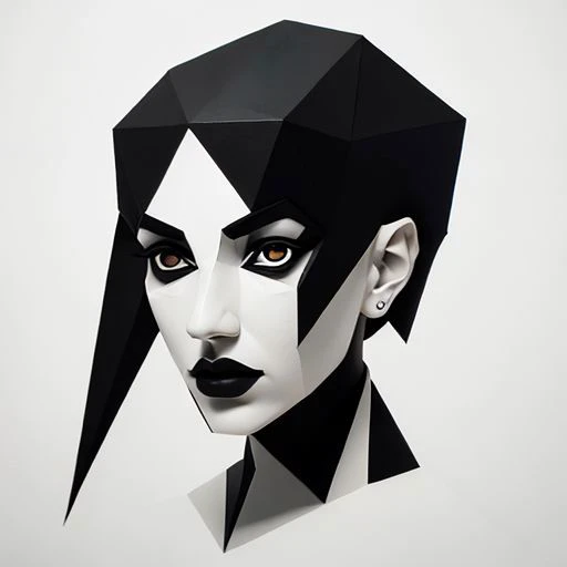 Geometric art, female portrait, abstract design, monochrome palette, sharp angles, polygonal structure, 3D effect, grayscale, symmetrical composition, avant-garde style, modern art, digital illustration, central alignment, bold contrasts, shaded facets, artistic expression, conceptual, minimalist color scheme, face geometry, edgy aesthetics, contemporary, illusion of depth, visual texture, artistic portrait, intense gaze, dark eyebrows, sculptural elements, paper art inspiration, neutral background.
