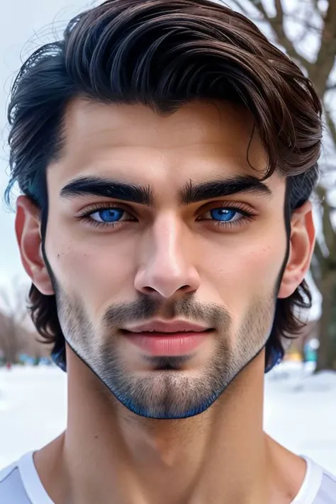 Ultra Realistic cinematic Photo, dynamic posture posing in snowy park, a athletic 24yo Iranian male model, hairy body, from below, from side, running, fitness champion, handsome Mr. World smiling, perfectly shaped, symmetrical muscled body with abs, pecs, biceps, thin waste, V-shaped back, symmetrical face, perfect jawline, modern haircut, dark blue eyes, high detailed white skin, high detailed face, realistic pupils, realistic eyes, high detailed eyes, realistic iris, 8k UHD, soft lighting, high quality, film grain,