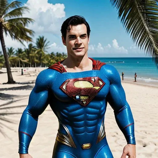 Man in superman costume, muscle, sunshine, sunset, photorealistic, ananas coctail, seashore, palm trees, sand, blue ocean, happy, beautiful, clear logo, with lois lane