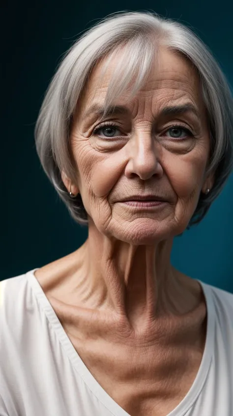 Old woman, solo, short hair, grey hair, looking at viewer, blue background, simple background, closed mouth, upper body, <lora:epi_noiseoffset2:0.7>, <lora:more_details:0.7>, kkw-ph1