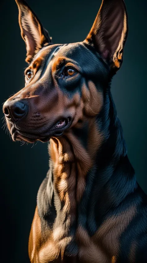 doberman dog, looking at viewer, blue background, simple background, open mouth, upper body, <lora:epi_noiseoffset2:0.7>, <lora:more_details:0.7>, kkw-ph1