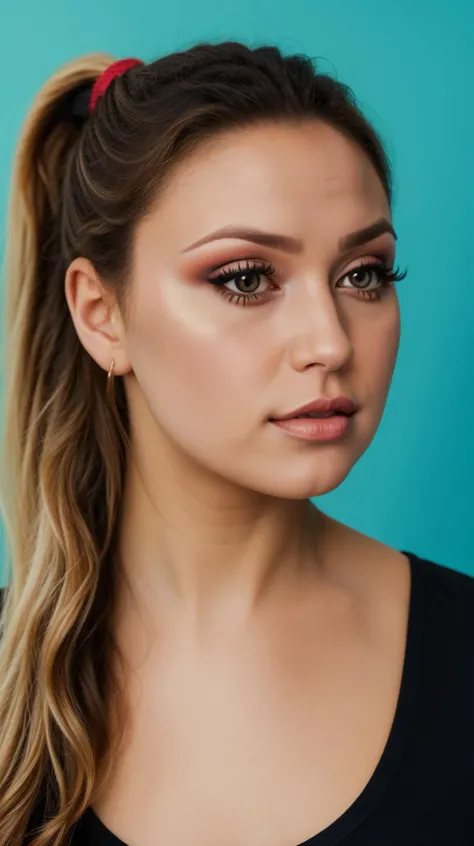 1girl, <lora:M4ryB3ll4v1t4:0.7>, solo, ponytail, looking at viewer, blue background, brown hair, simple background, closed mouth, kkw-ph1