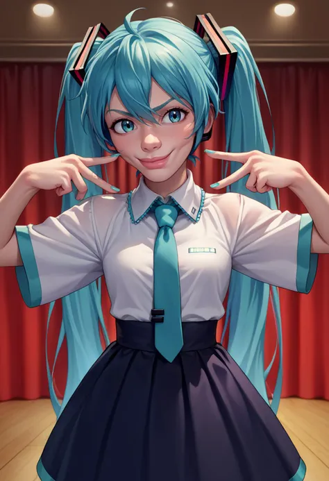 score_9, score_8_up, score_7_up, source_anime, SkylerWhiteYo, closed mouth, smile, <lora:KzyGuyMeme:1>, <lora:pose_aihoshinopose_ponyXL:0.8> aihoshinopose, double v, hatsune miku, blue hair, stage, indoors, dark, light,