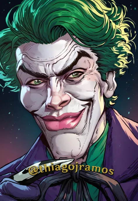 score_9, score_8_up, score_7_up, <lora:Joker-Pony:1>, <lora:KzyGuyMeme:1>, Coringa, upper body, SkylerWhiteYo, closed mouth, smile, lips, green hair, white skin, purple suit, holding crowbar