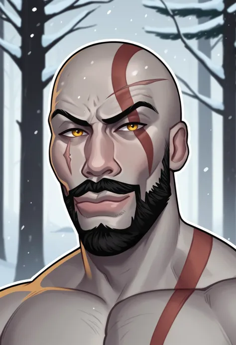 score_9, score_8_up, score_7_up, score_6_up, SkylerWhiteYo,
BREAK
1boy, kratos \(god of war\), grey skin, orange yellow eyes, bald, black big beard, full beard, scar across eye, closed mouth, smile, lips,
shirtless, muscular, red tattoo,
BREAK
snowy forest, snow, outdoors, sunny, <lora:KzyGuyMeme:1>,