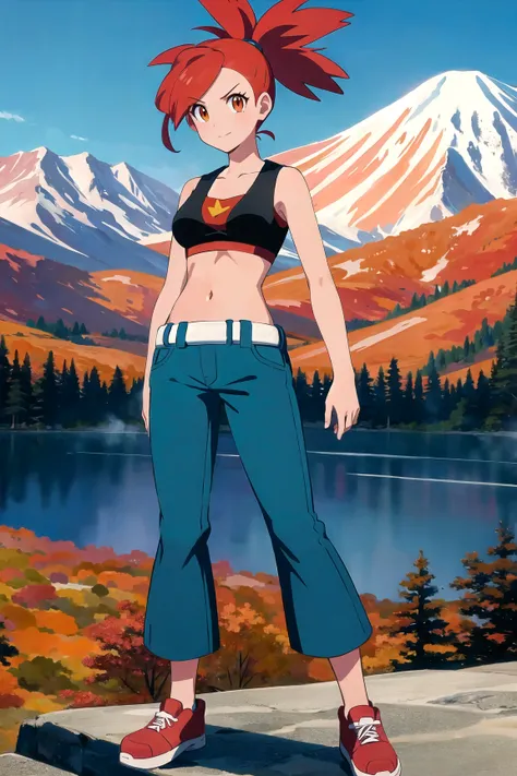 <lora:P flannery v2:0.8> flannery \(pokemon\) , 1 girl , red hair , sports bra , midriff , jeans , orange eyes
spa house, hot springs , mountains , town , hokkaido
simple background