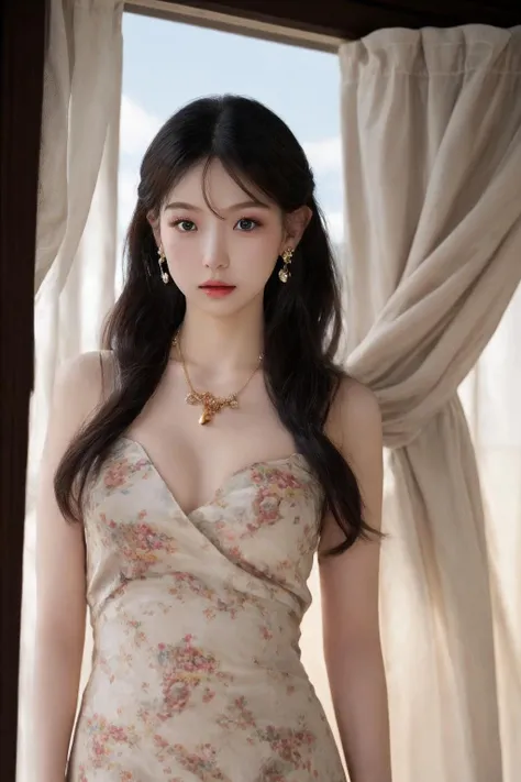 masterpiece, best quality, 1girl , cowboy shot, necklace, earrings, jewelry, small breasts, chinese clothes, hair ornament, curtains, pov, looking at viewer,
<lora:lgg_v2-000007:0.7>