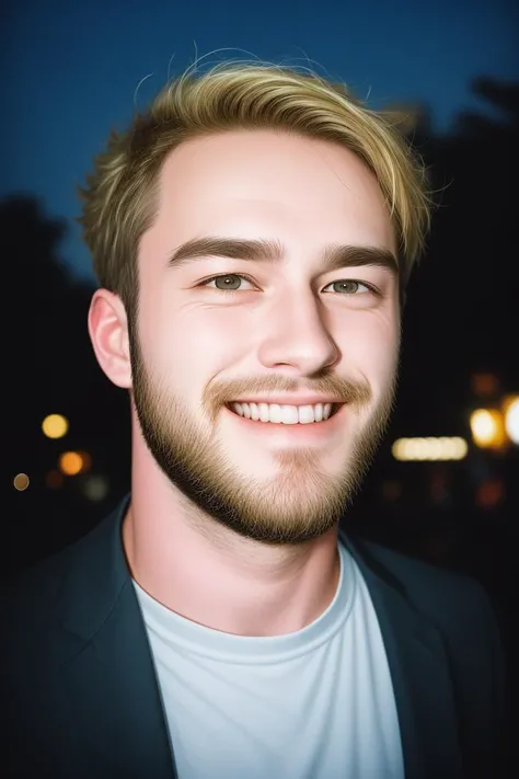 a guy, blonde hair, beard, smiling at viewer, at night, in the city, sharp focus, disposable camera quality, analog photo