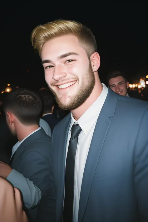 a guy, blonde hair, beard, smiling at viewer, at night, at a party, disposable camera quality