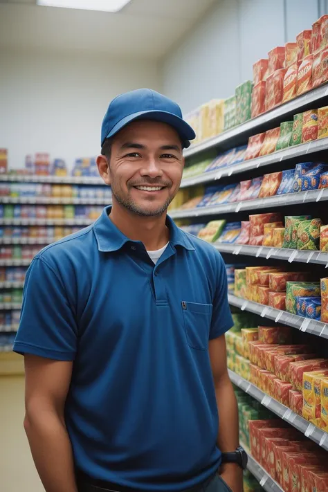 analog  photo of male worker, smiling at viewer, at a convenience store, 35mm, f/1.4