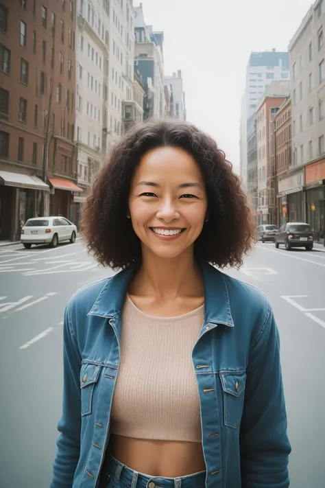 analog photo of woman, smiling at viewer, in the city