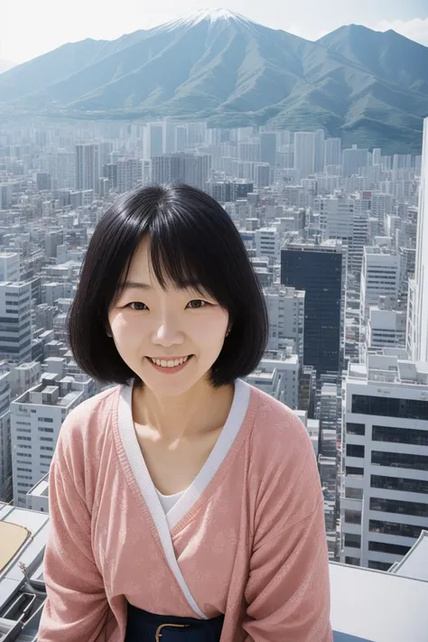 Japanese woman, portrait, smiling, on a city rooftop, taken on a disposable camera, fujifilm