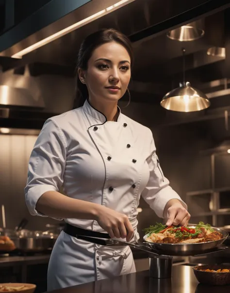 female chef in a restaurant, 4k, 8k, volumetric lighting, intricate detail, amazing quality, best quality, masterpiece, photorealistic, sharp focus, UHD, ultra-hd, high resolution