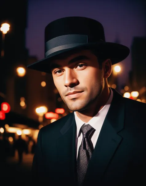 man wearing a hat and suit, in the city, photorealistic, nighttime, disposable camera quality