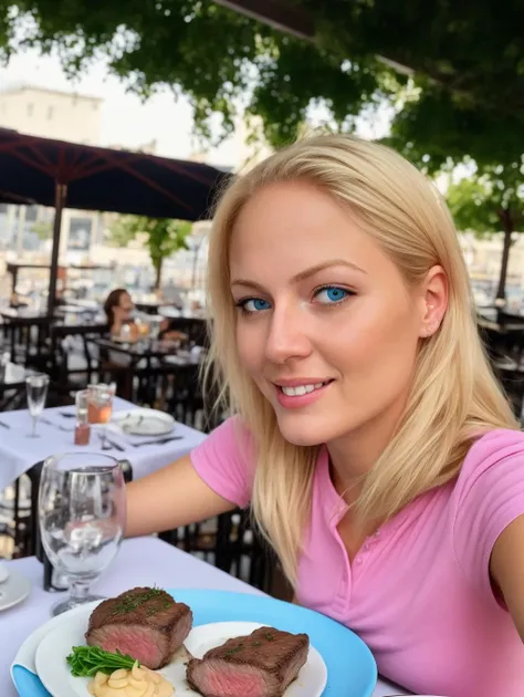 A selfie photo of a woman, with filet mignon on the table, blonde hair, blue eyes, (pink shirt), in an outdoor restaurant