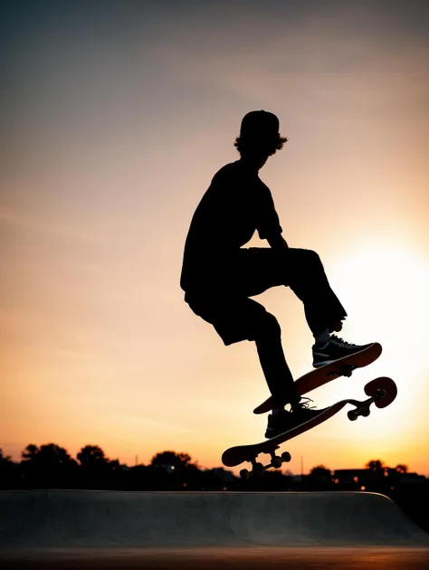 a guy riding a skateboard, sunset