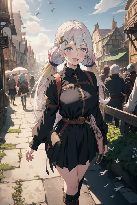 ver1costume, 1girl, cupitan \(granblue fantasy\), large breasts, white hair, multicolored hair, twintails, low twintails, bangs, hair between eyes, very long hair, happy, excited, smile, open mouth, hair ornament, pouch, belt, bag, long sleeves, (black miniskirt:1.1), jacket, pleated skirt, medieval, medieval city, fantasy, crowd, walking, landscape, cloudy sky, horizon, <lyco:CupitanLoCon:1.0>, , ((Establishing Shot, Deep Focus, Birds Eye Shot, Overhead Shot)), Dramatic Lighting, Volumetric Lighting, Volumetric Light, Volumetric, ((high quality:1.2, masterpiece:1.2)), absurdres, high resolution,