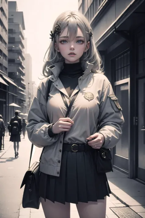 (highly detailed:1.3),
1girl,solo,
<lyco:CupitanLoCon:1.0>,hair ornament, pouch, belt, bag, long sleeves, black miniskirt, jacket, pleated skirt,
Ultra-detail,(highres:1.1),best quality,(masterpiece:1.3),cinematic lighting,
(highly detailed face and eyes:1.3),  <lora:ink-0.1-3-b28-bf16-D128-A1-1-ep64-768-DAdaptation-cosine:1> white background,ink,