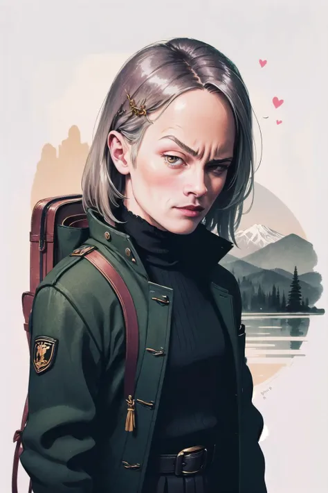 (highly detailed:1.3),
1girl,solo,
<lyco:CupitanLoCon:1.0>,hair ornament, pouch, belt, bag, long sleeves, black miniskirt, jacket, pleated skirt,(confused:1.2),  <lora:RocksEyebrowRaise:1> RocksEyebrowRaise, portrait, raised eyebrow, thick eyebrows,   
Ultra-detail,(highres:1.1),best quality,(masterpiece:1.3),cinematic lighting,
(highly detailed face and eyes:1.3),  <lora:ink-0.1-3-b28-bf16-D128-A1-1-ep64-768-DAdaptation-cosine:1> white background, scenery, ink, mountains, water, trees,