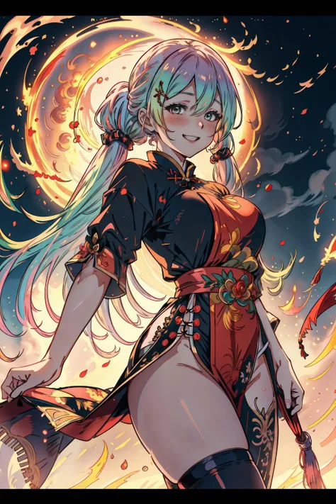 Miku Hatsune, alta definicion, kimono, alta definicion, fullbody picture alta definicion, flaming eyes, evil eyes, devil girl, sucubo, shes atack de camera, sensual back pose, 