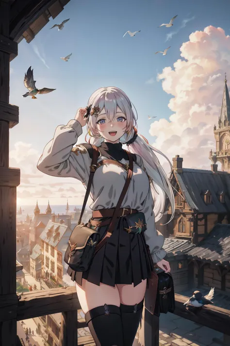 ver1costume, 1girl, cupitan \(granblue fantasy\), large breasts, white hair, multicolored hair, twintails, low twintails, bangs, hair between eyes, very long hair, happy, excited, smile, open mouth, hair ornament, pouch, belt, bag, long sleeves, (black miniskirt:1.1), jacket, pleated skirt, medieval, medieval city, fantasy, crowd, walking, landscape, cloudy sky, horizon, <lyco:CupitanLoCon:1.0>, , ((Establishing Shot, Deep Focus, Birds Eye Shot, Overhead Shot)), Dramatic Lighting, Volumetric Lighting, Volumetric Light, Volumetric, ((high quality:1.2, masterpiece:1.2)), absurdres, high resolution,