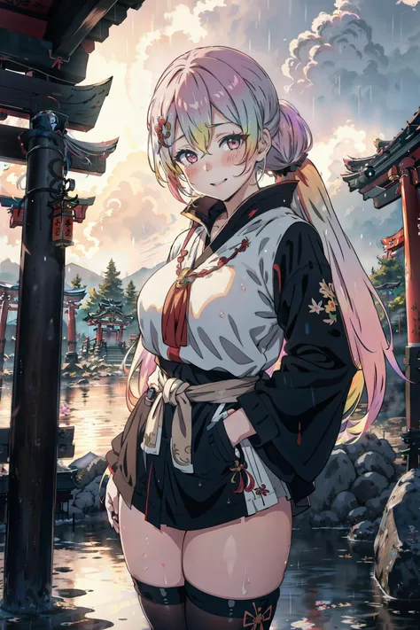 1girl, cupitan \(granblue fantasy\), large breasts, thighs, multicolored hair, multicolored eyes, gradient hair, twintails, bangs, low twintails, majestic, very long hair, hair ornament, (naughty face:1.2), evil smile, geisha, torii, shrine, landscape, dust cloud, crescent moon, night, rain, wet, wet clothes, facing another, <lyco:CupitanLoCon:1.0>, ((Establishing Shot, Deep Focus, Full Front Staging, Looking At Viewer, Face, Front)), Dramatic Lighting, Volumetric Lighting, Volumetric Light, Volumetric, ((high quality:1.2, masterpiece:1.2)), absurdres, high resolution,