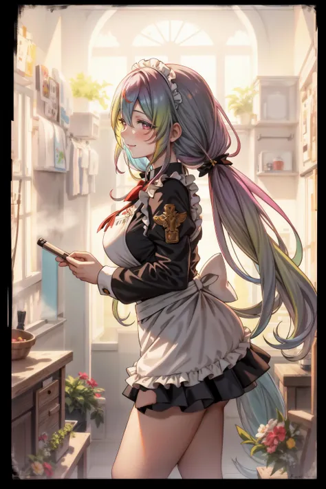 1girl, multicolored hair, multicolored eyes, twintails, low twintails, very long hair, large breasts,  apron, black border, bow, breasts, frills, from side, holding, indoors, letterboxed, long hair, long sleeves, low ponytail, maid, maid apron, maid headdress, pillarboxed, smile, solo, very long hair, weapon, white apron, window, <lyco:CupitanLoHa:1.0>