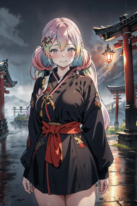 1girl, cupitan \(granblue fantasy\), large breasts, thighs, multicolored hair, multicolored eyes, gradient hair, twintails, bangs, low twintails, majestic, very long hair, hair ornament, (naughty face:1.2), evil smile, geisha, torii, shrine, landscape, dust cloud, crescent moon, night, rain, wet, wet clothes, facing another, <lyco:CupitanLoCon:1.0>, ((Establishing Shot, Deep Focus, Full Front Staging, Looking At Viewer, Face, Front)), Dramatic Lighting, Volumetric Lighting, Volumetric Light, Volumetric, ((high quality:1.2, masterpiece:1.2)), absurdres, high resolution,