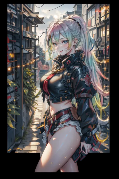 1girl, bangs, belt, black border, black jacket, border, breasts, building, city, cityscape, crop top, earrings, hair ornament, jacket, jewelry, multicolored hair, multicolored eyes, letterboxed, smile, long hair, long sleeves, looking at viewer, midriff, navel, outdoors, outside border, pillarboxed, skirt, skyscraper, solo, sunset, thighs, very long hair, <lora:Cupitan:1>