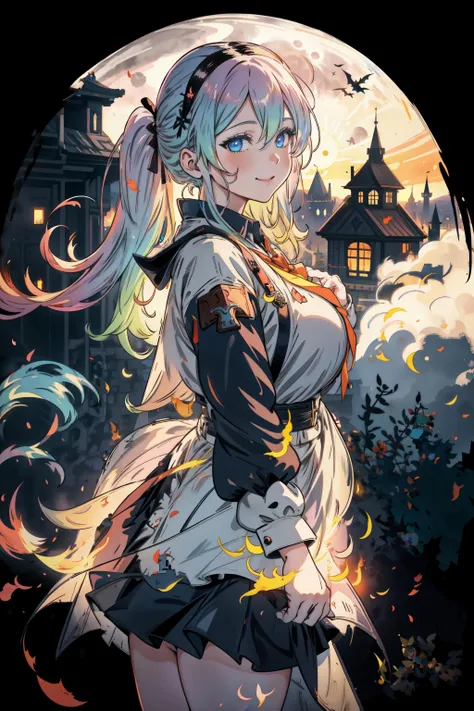 1girl, bat, black skirt, blue eyes, breasts, building, burning, castle, closed mouth, multicolored eyes,  cowboy shot, cross, fire, flower, full moon, long hair, long sleeves, looking at viewer, moon, night, orange sky, outdoors, pleated skirt, skirt, smile, solo, sunset, <lyco:CupitanLoHa:1.0>