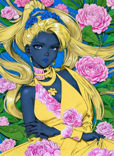 <lora:Nyakim:2> Nyakim with long straight hair and blue eyes and green eyeshadow makeup, she is wearing a warm pink flower dress, there is, yellow diffuse light reflecting on her skin
