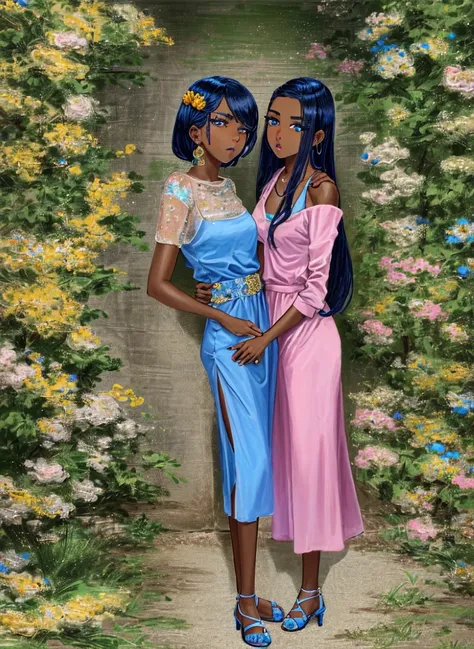 <lora:Nyakim:1.6> Nyakim with long straight hair and blue eyes and green eyeshadow makeup, she is wearing a warm pink flower dress, there is, yellow diffuse light reflecting on her skin