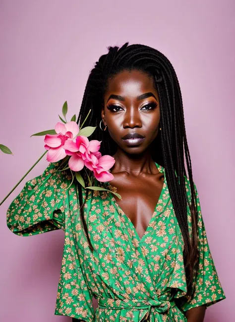 <lora:Nyakim:0.7> Nyakim with long straight hair and blue eyes and green eyeshadow makeup, she is wearing a warm pink flower dress, there is, yellow diffuse light reflecting on her skin