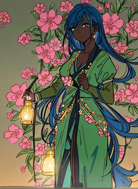 <lora:Nyakim:1.4> Nyakim with long straight hair and blue eyes and green eyeshadow makeup, she is wearing a warm pink flower dress, there is yellow diffuse light reflecting on her skin