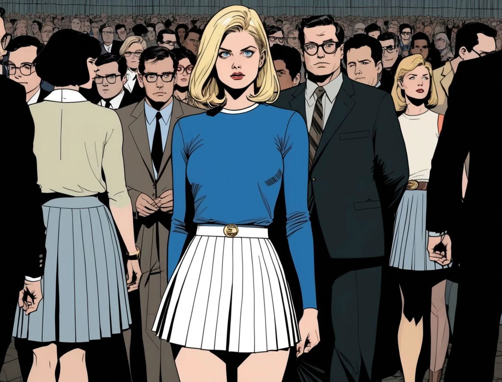 <lora:alexandradaddario_SDXL:0.5> Alexandra Daddario, ohwx mixed with <lora:esme_sdxl:0.5> esme , Power girl, supergirl, blonde ,art by Adrian Tomine ,(chains:.5,pleated skirt,future armor) ,Pastels, Chiaroscuro ,in a thick crowd of people