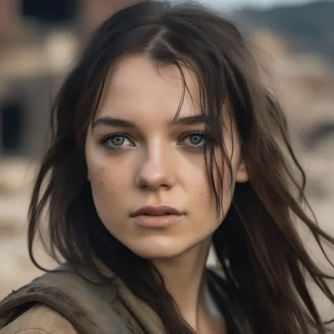 <lora:esme_sdxl:1> esme,, a close up portrait photo of 26 y.o woman in wastelander clothes, long haircut, detailed skin, tan, (freckles:.5), slim body, background is city ruins, (high detailed skin:1.2), 8k uhd, dslr, soft lighting, high quality, film grain, Fujifilm XT3