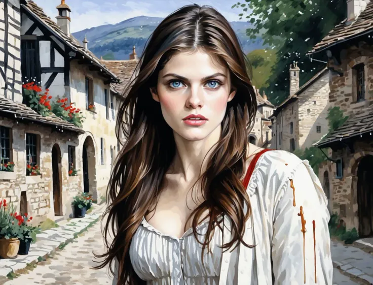 <lora:alexandradaddario_SDXL:0.5> Alexandra Daddario, ohwx mixed with <lora:esme_sdxl:0.5> esme , Background is stunning 17th century european village scenery, detailed and intricate environment, oil painting, palette knife soft brushstrokes, heavy strokes, dripping paint, art station on trend, sharp focus, intricate details, highly detailed ,art by Antoine Le Nain, art by Antoine Verney-Carron ,standing casually, ,art by Agnes Cecile