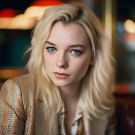 <lora:esme_sdxl:1> esme,, a close up portrait photo of 26 y.o woman, blonde hair, pale skin, detailed skin, tan, (freckles:.5), sitting, face closeup, 70s clothing, vintage coffee shop, chiaroscuro lighting, eye level, shot on large format, Fujicolor Pro, bokeh, in style of Miles Aldridge