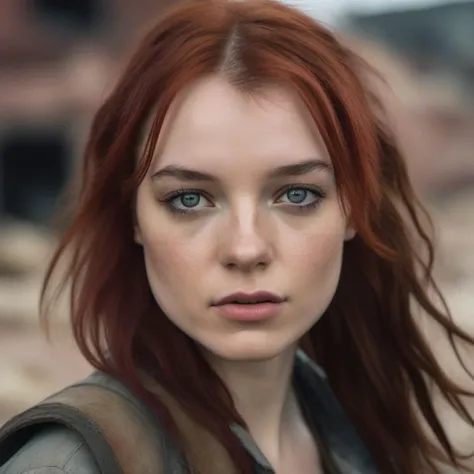 <lora:esme_sdxl:1> esme,, a close up portrait photo of 26 y.o woman in wastelander clothes, red hair, pale skin, detailed skin, tan, (freckles:.5), slim body, background is city ruins, (high detailed skin:1.2), 8k uhd, dslr, soft lighting, high quality, film grain, Fujifilm XT3