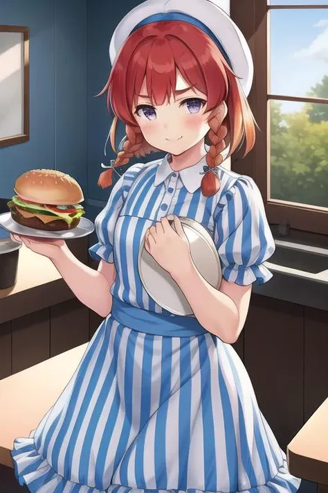 <lora:EtorofuKancolleV4:0.8>, <lora:wendys_character:0.4>,1girl, etorofu (kancolle), solo, braid, apron, puffy short sleeves, red hair, twin braids, food, striped, sailor hat, thick eyebrows, holding, smile, burger, dress, blush, white headwear, tray, white apron, vertical stripes, looking at viewer, alternate costume, striped dress, purple eyes, closed mouth, indoors, holding tray, blue dress, bob cut, waist apron, puffy sleeves, ribbon, frills, blue ribbon, multicolored hair, waist white apron,flat chest,