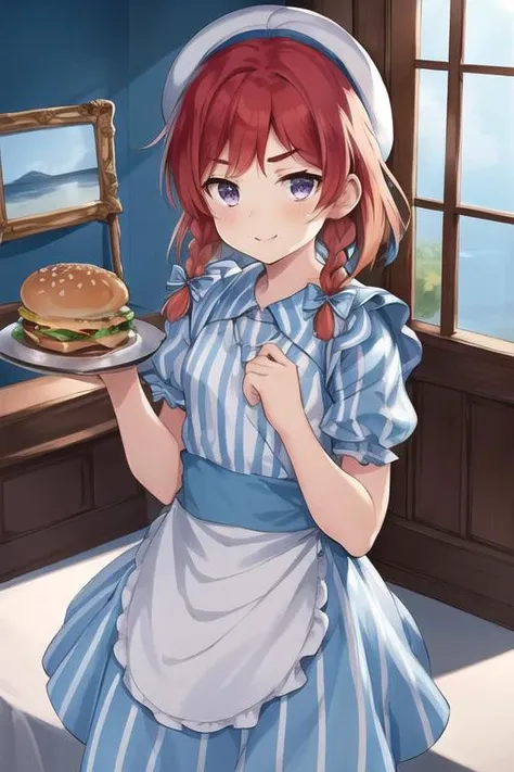 masterpiece, best quality,  <lora:EtorofuKancolle_V10:1>,1girl, solo,  braid,<lora:wendys_character:0.4>, cowboy shot, smile,little blush,bob cut, twin braids,sailor hat,white headwear,thick eyebrows,sky blue one-piece,((vertical-stripe one-piece)),cowboy shot,bangs, parted lips, 
 hamburger,tray,((holding tray)),  ((white waist apron)), standing, aquamarine stripe  sleeves, sky blue puffy short stripe  sleeves,young purple eyes, red hair, blue ribbon, hair ribbon,flat_chest,picture frame, standing,Highlight Spot Aesthetic Anime Eyes,