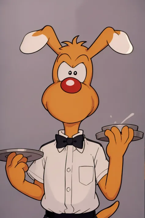 masterpiece, best quality, 1boy, finot, dog, collar, black eyes, furry, dog, traditional bowtie, tray, looking at viewer, male focus, shirt, upper body, happy, solo, simple background  <lora:BrainGadgetV2:1>