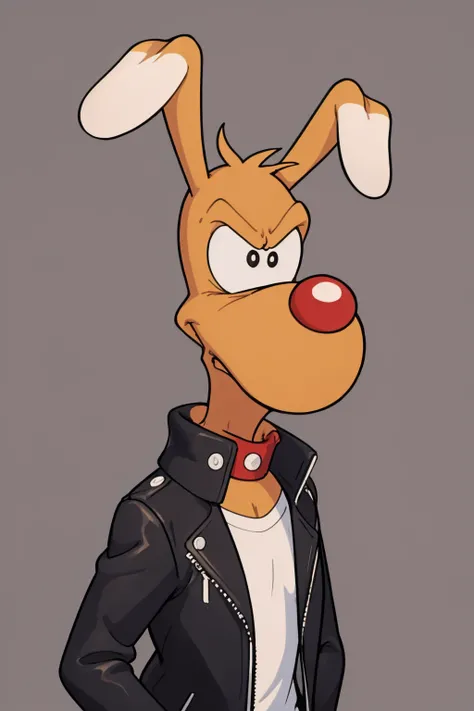 masterpiece,best quality,1boy,finot,dog,collar,black eyes,furry,dog,black leather jacket,looking at viewer,male focus,shirt,upper body,angry,solo,simple background,<lora:BrainV2:0.8>,