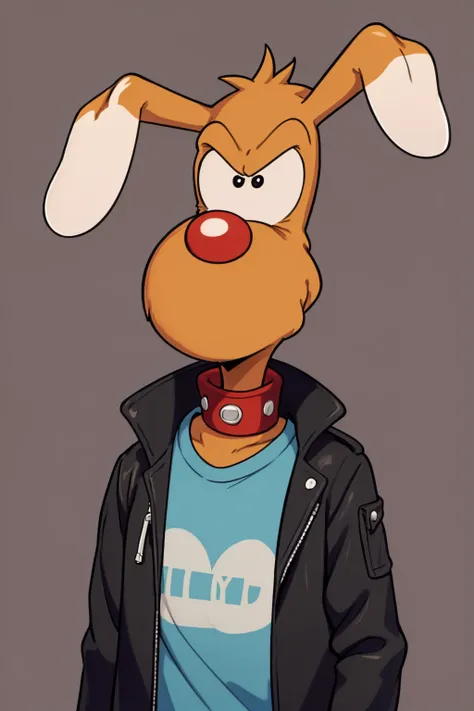 masterpiece, best quality, 1boy, finot, dog, collar, black eyes, furry, dog, black leather jacket, looking at viewer, male focus, shirt, upper body, angry, solo, simple background <lora:BrainGadgetV2:1>